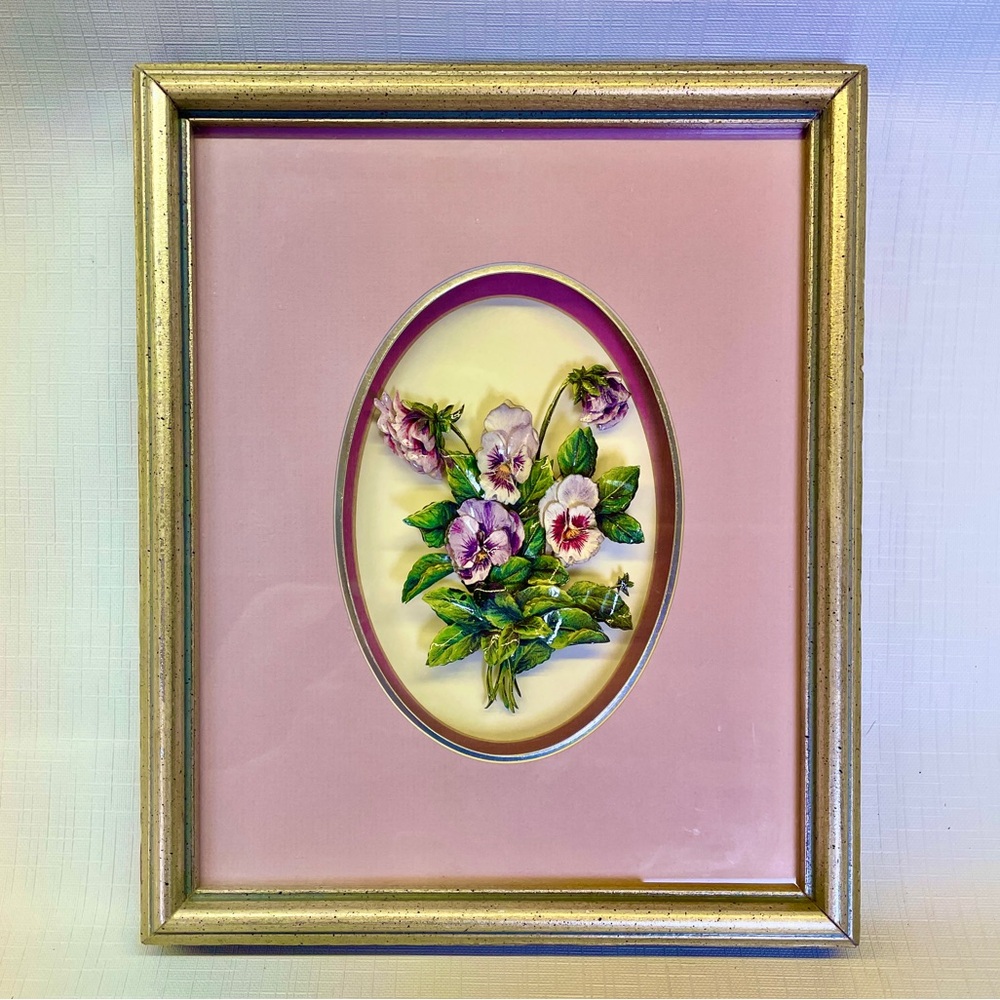 Vintage Paper Tole 3D Framed Art Pansies Shadowbox Cottagecore Grandmillennial